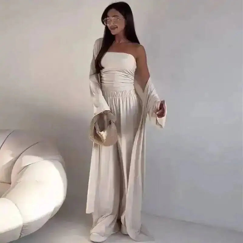LGRQ Women's 3-Piece Set: Strapless Vest, Long Cardigan and Wide-Leg Pants