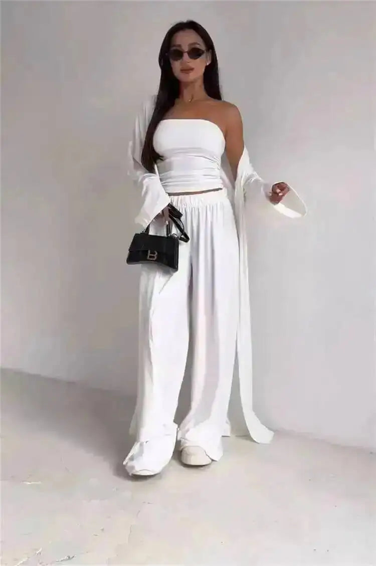 LGRQ Women's 3-Piece Set: Strapless Vest, Long Cardigan and Wide-Leg Pants