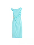 KONDALA Light Blue One-Shoulder Pleated Asymmetric Dress