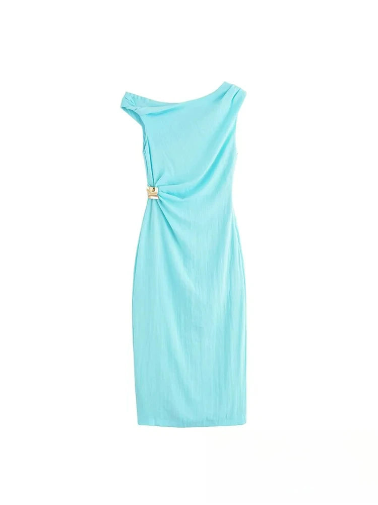 KONDALA Light Blue One-Shoulder Pleated Asymmetric Dress