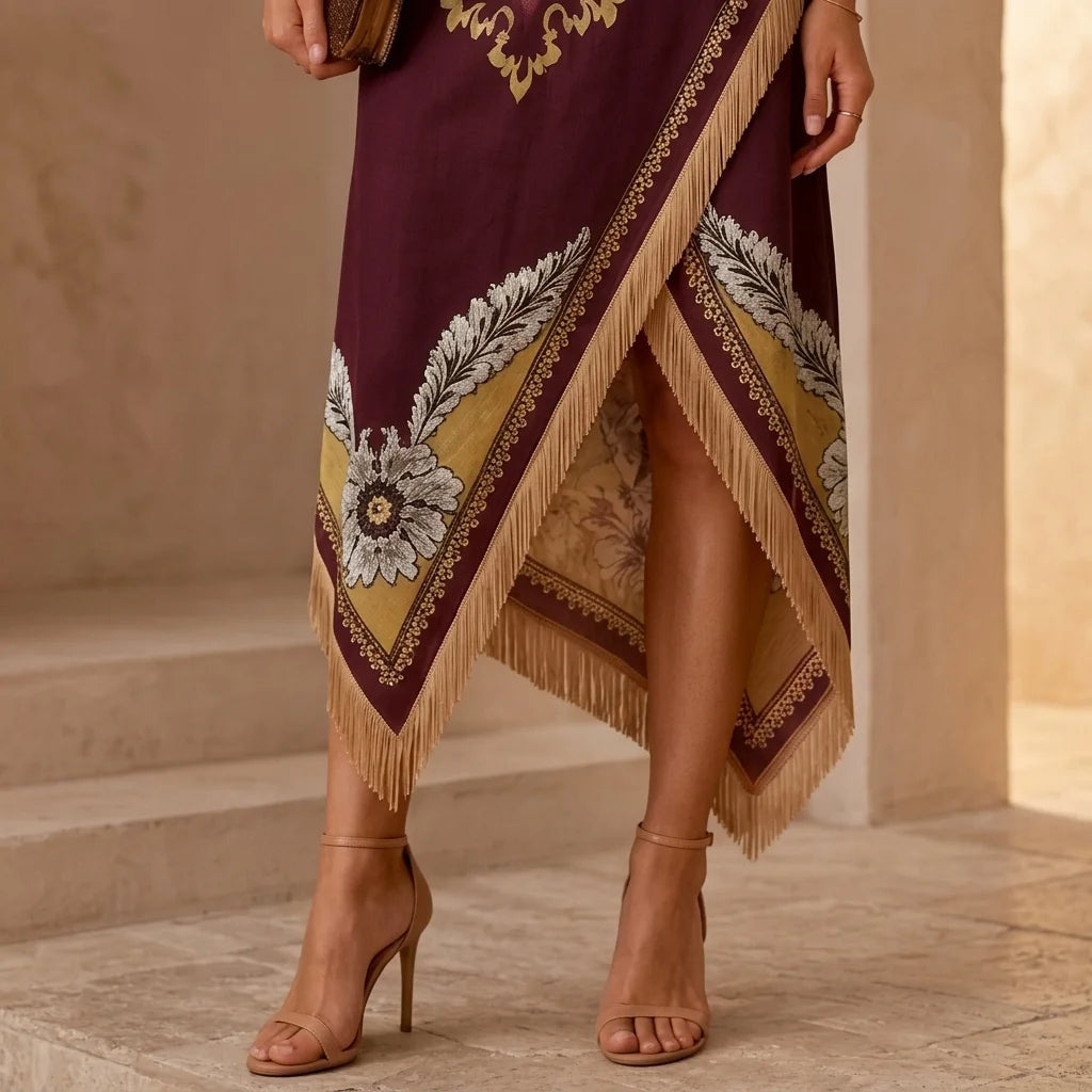 Vintage Bohemian Scarf Print Sleeveless Midi Dress with Fringe Hem