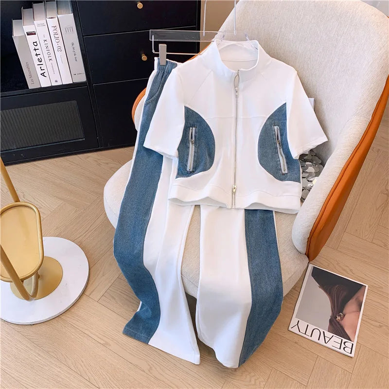 Women's Two-Piece Set: Stitched Zipper T-Shirt and Jeans
