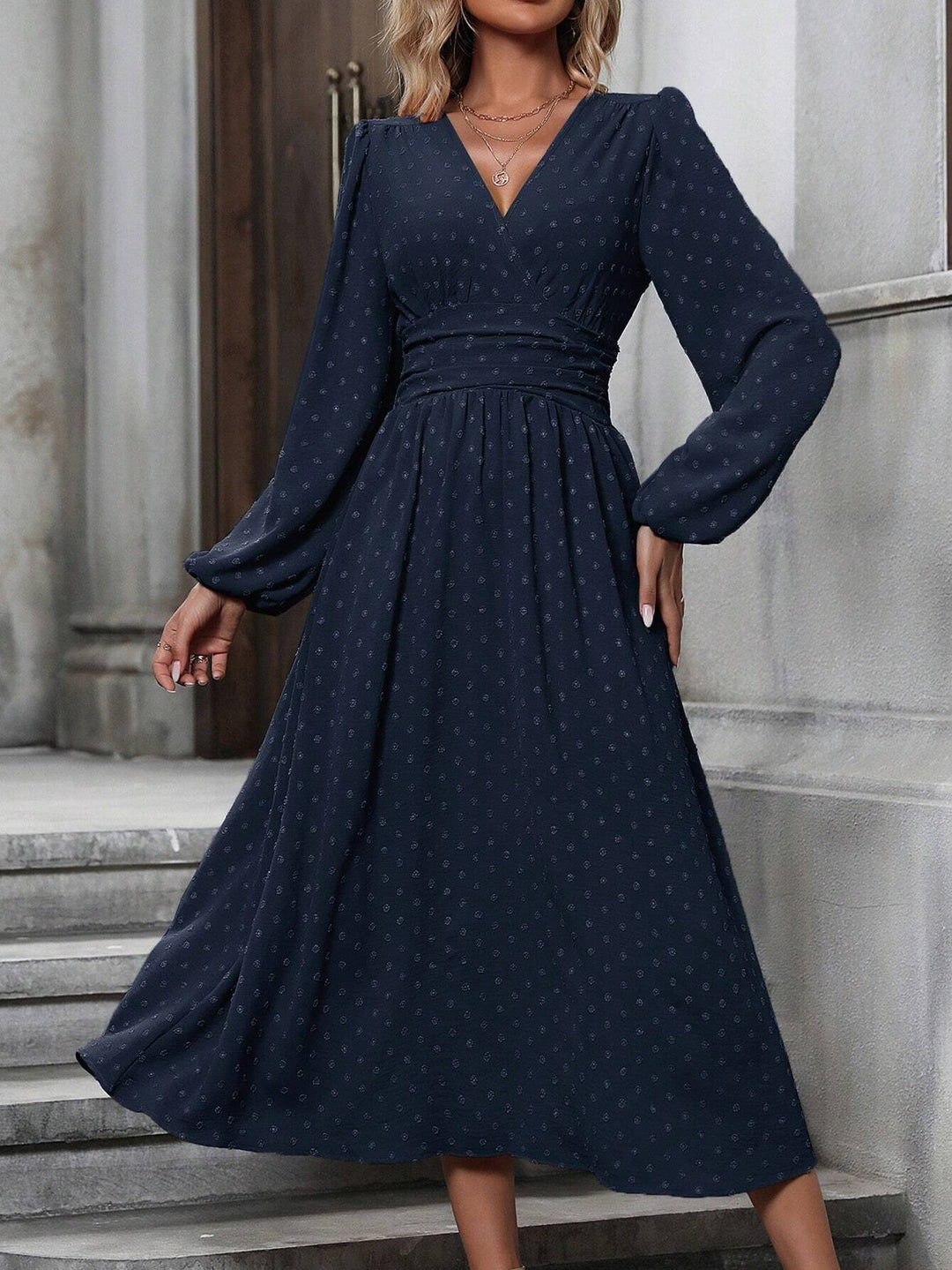 Women's Pleated-Waist Long-Sleeve Midi Dress
