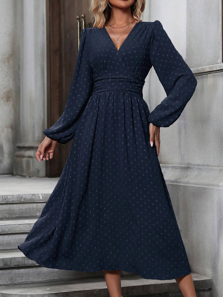 Women's Pleated-Waist Long-Sleeve Midi Dress