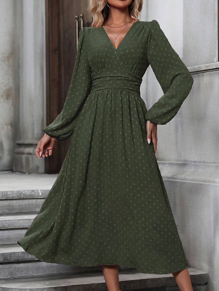 Women's Pleated-Waist Long-Sleeve Midi Dress