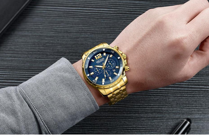 Luxury Men's Gold Business Watches Quartz Analogue Wristwatch Stainless Steel Waterproof Luminous Watch